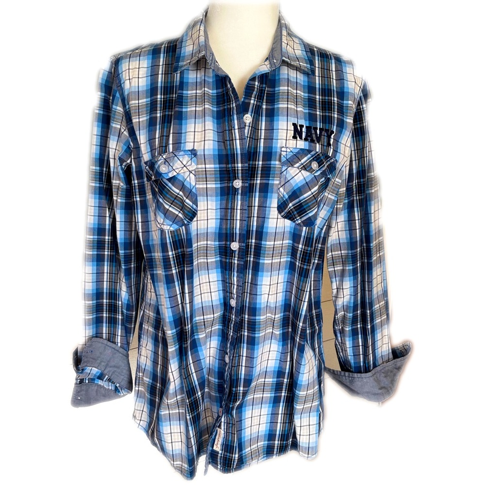 NAVY USNA Weatherproof Plaid Button Down Size L